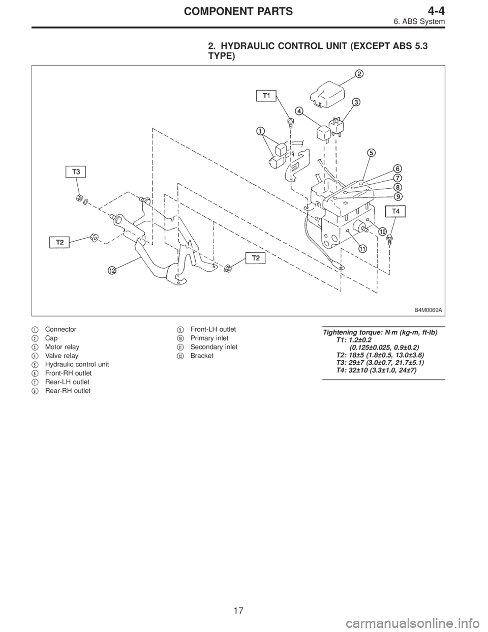 SUBARU LEGACY 1996  Service Repair Manual 2. HYDRAULIC CONTROL UNIT (EXCEPT ABS 5.3
TYPE)
B4M0069A
1Connector

2Cap

3Motor relay

4Valve relay

5Hydraulic control unit

6Front-RH outlet

7Rear-LH outlet

8Rear-RH outlet
9Front-LH ou