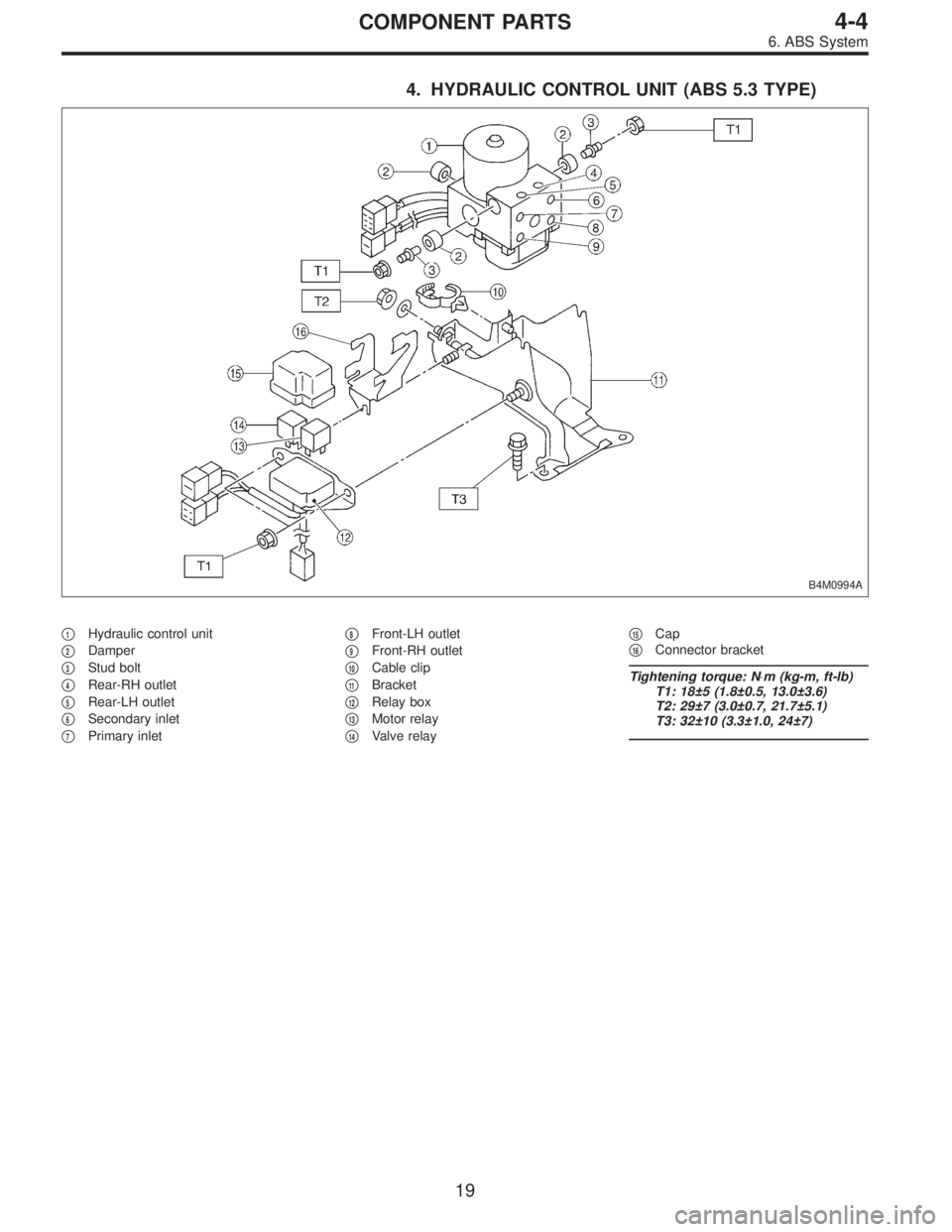 SUBARU LEGACY 1996  Service Repair Manual 4. HYDRAULIC CONTROL UNIT (ABS 5.3 TYPE)
B4M0994A
1Hydraulic control unit

2Damper

3Stud bolt

4Rear-RH outlet

5Rear-LH outlet

6Secondary inlet

7Primary inlet
8Front-LH outlet

9Front-RH 
