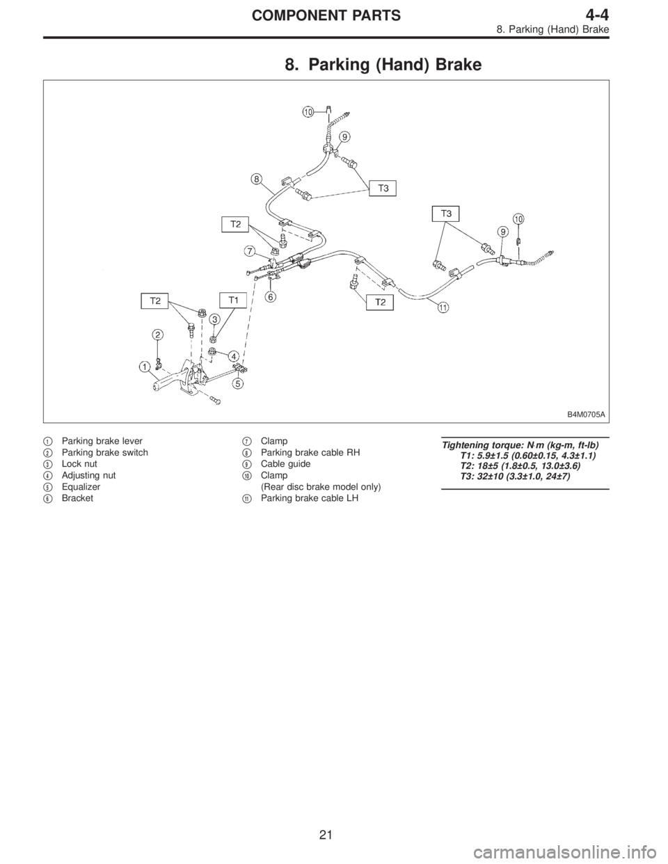 SUBARU LEGACY 1996  Service Repair Manual 8. Parking (Hand) Brake
B4M0705A
1Parking brake lever

2Parking brake switch

3Lock nut

4Adjusting nut

5Equalizer

6Bracket
7Clamp

8Parking brake cable RH

9Cable guide

10Clamp
(Rear dis