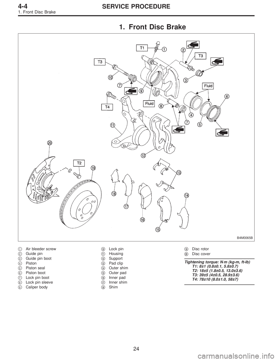 SUBARU LEGACY 1996  Service Repair Manual 1. Front Disc Brake
B4M0065B
1Air bleeder screw

2Guide pin

3Guide pin boot

4Piston

5Piston seal

6Piston boot

7Lock pin boot

8Lock pin sleeve

9Caliper body
10Lock pin

11Housing

12