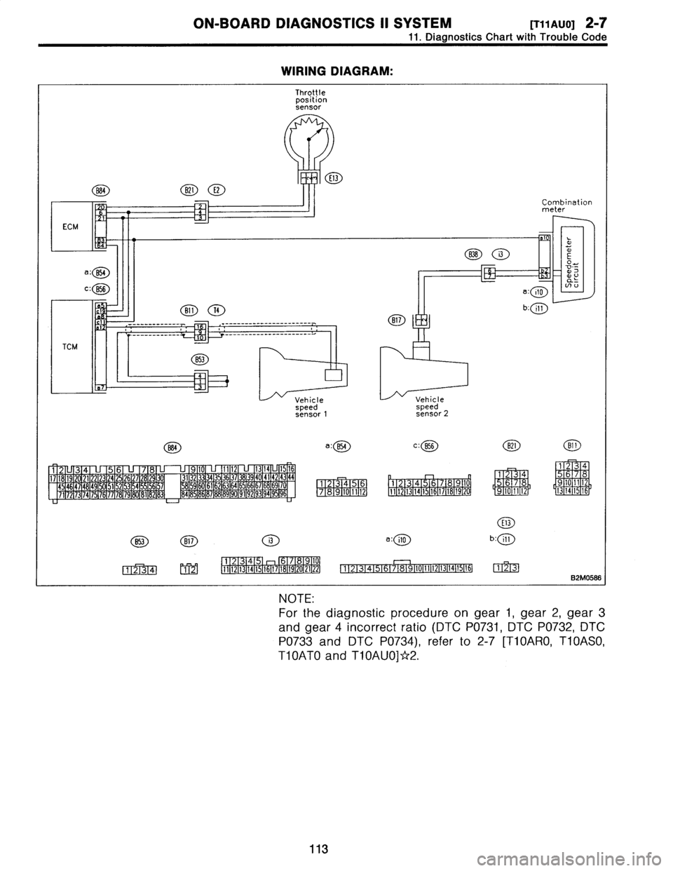 SUBARU LEGACY 1996  Service Repair Manual 
ON-BOARD
DIAGNOSTICS
11
SYSTEM
[T1yauo]
2-7

11
.
Diagnostics
Chart
with
Trouble
Code

WIRING
DIAGRAM
:

Throttle
position
sensor

E13
B84
B21
E2

Combination
meter

ECM
i
a
°
O
i3
o
_,

a
:
854
n_