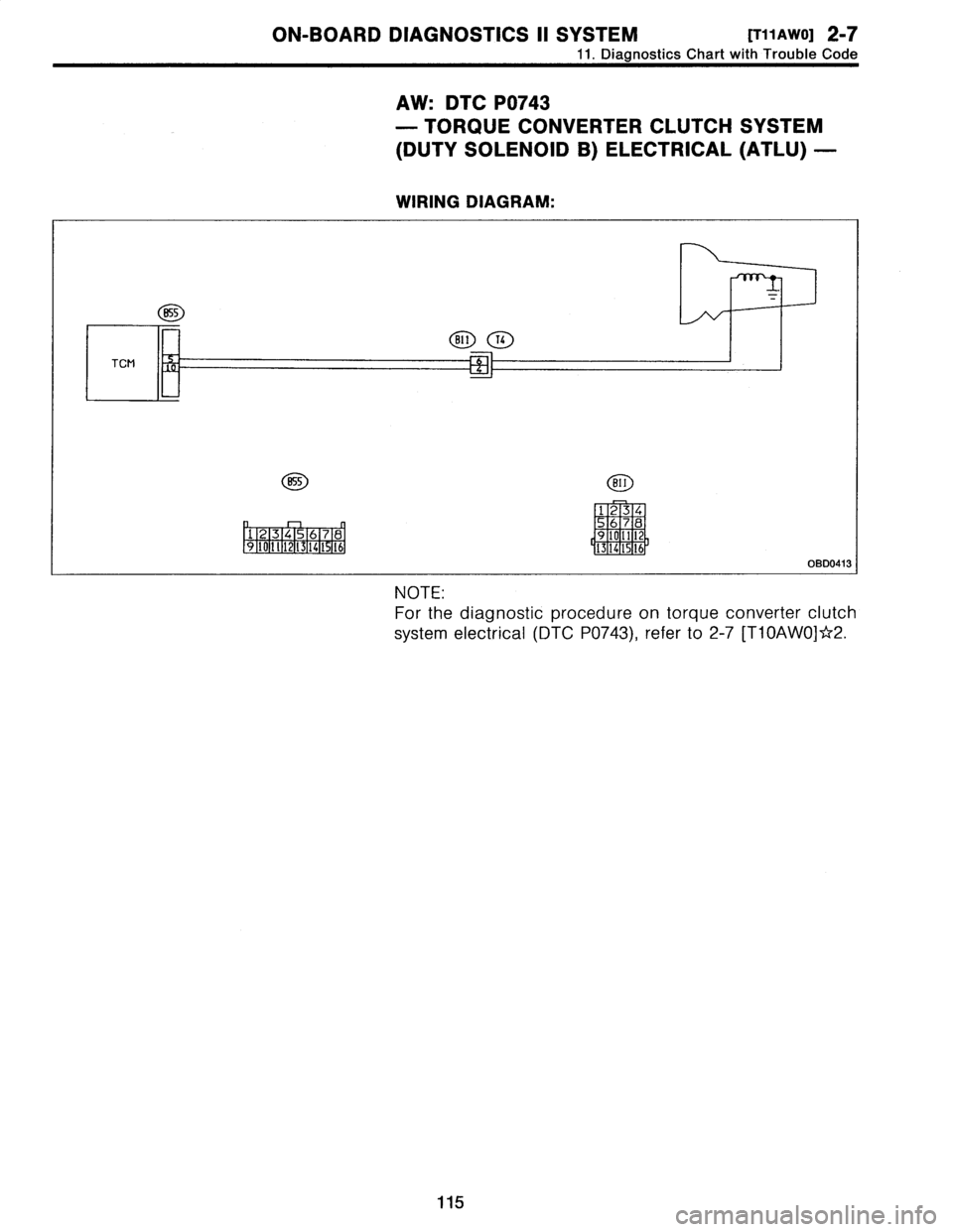 SUBARU LEGACY 1996  Service Repair Manual 
ON-BOARD
DIAGNOSTICS
II
SYSTEM
[r1iawo1
2-7

11
.
Diagnostics
Chart
with
Trouble
Code

AW
:
DTC
P0743

-
TORQUE
CONVERTER
CLUTCH
SYSTEM

(DUTY
SOLENOID
B)
ELECTRICAL
(ATLU)
-

WIRING
DIAGRAM
:

855
-