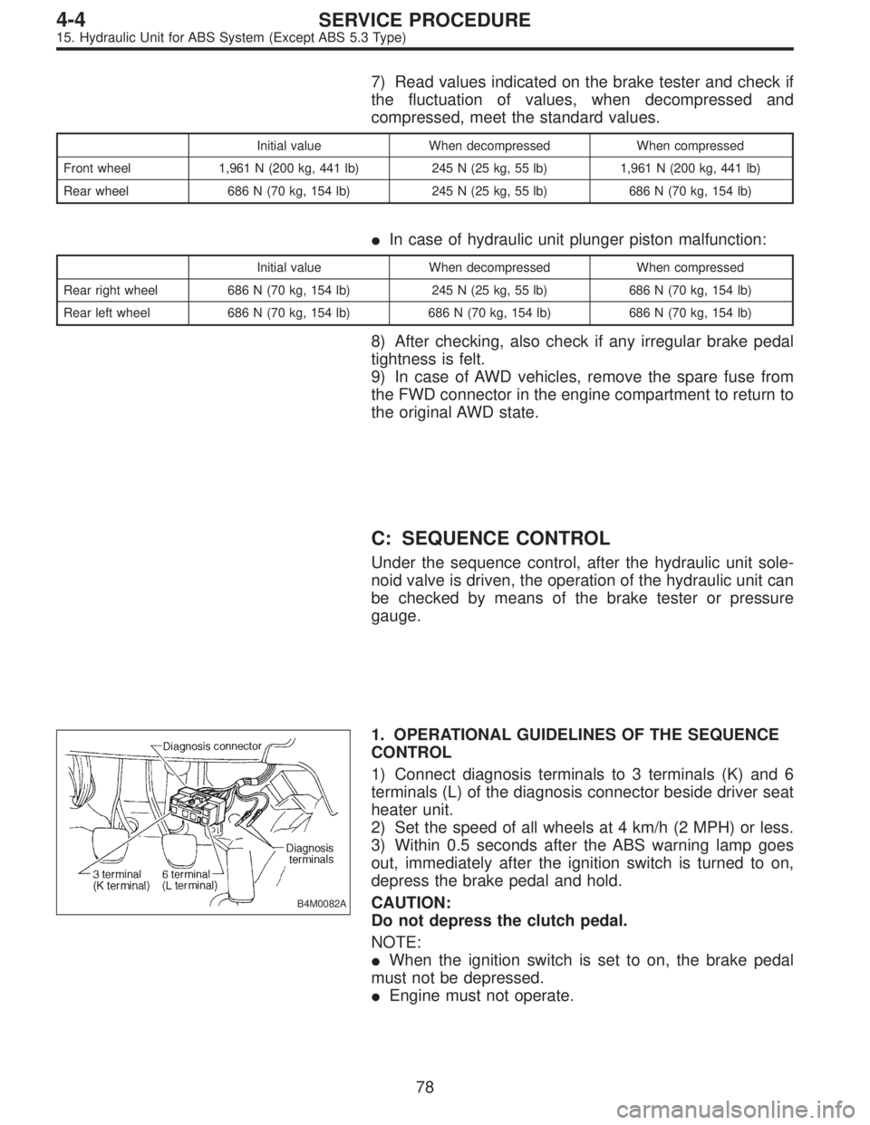 SUBARU LEGACY 1996  Service Repair Manual 7) Read values indicated on the brake tester and check if
the fluctuation of values, when decompressed and
compressed, meet the standard values.
Initial value When decompressed When compressed
Front w