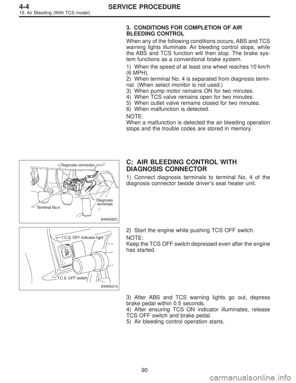 SUBARU LEGACY 1996  Service Repair Manual 3. CONDITIONS FOR COMPLETION OF AIR
BLEEDING CONTROL
When any of the following conditions occurs, ABS and TCS
warning lights illuminate. Air bleeding control stops, while
the ABS and TCS function will