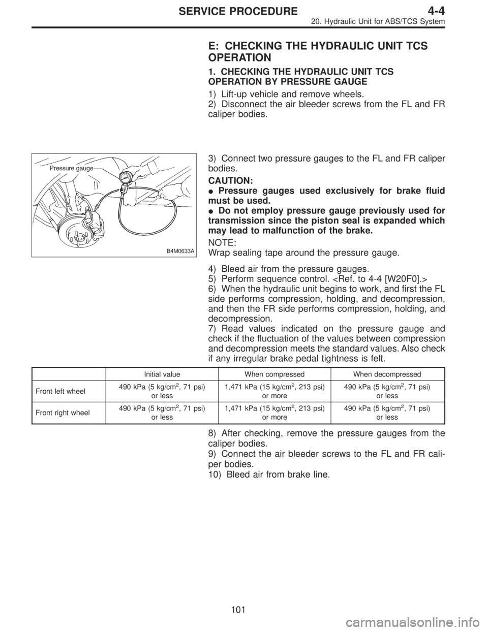 SUBARU LEGACY 1996  Service Repair Manual E: CHECKING THE HYDRAULIC UNIT TCS
OPERATION
1. CHECKING THE HYDRAULIC UNIT TCS
OPERATION BY PRESSURE GAUGE
1) Lift-up vehicle and remove wheels.
2) Disconnect the air bleeder screws from the FL and F