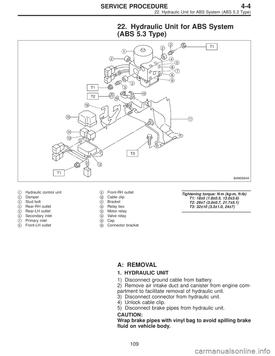 SUBARU LEGACY 1996  Service Repair Manual 22. Hydraulic Unit for ABS System
(ABS 5.3 Type)
B4M0994A
1Hydraulic control unit

2Damper

3Stud bolt

4Rear-RH outlet

5Rear-LH outlet

6Secondary inlet

7Primary inlet

8Front-LH outlet
9F