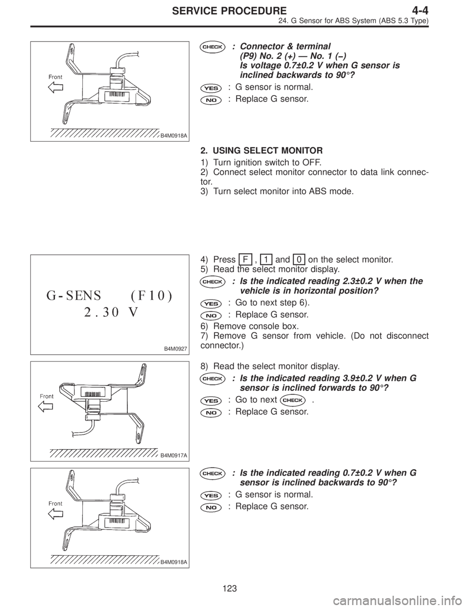 SUBARU LEGACY 1996  Service Repair Manual B4M0918A
: Connector & terminal
(P9) No. 2 (+)—No.1(�)
Is voltage 0.7±0.2 V when G sensor is
inclined backwards to 90°?
: G sensor is normal.
: Replace G sensor.
2. USING SELECT MONITOR
1) Turn ig
