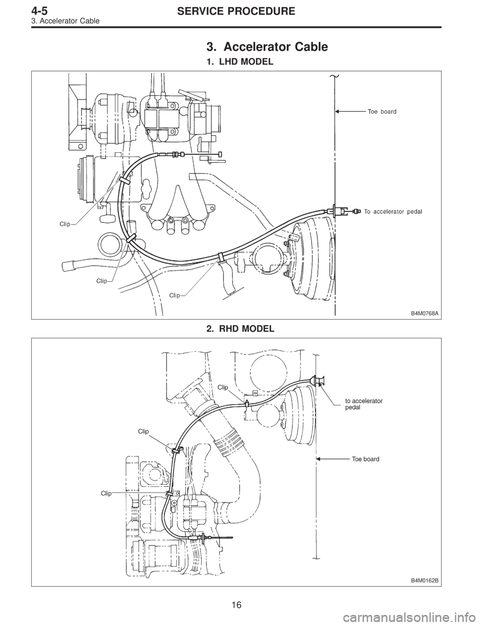SUBARU LEGACY 1996  Service Repair Manual 3. Accelerator Cable
1. LHD MODEL
B4M0768A
2. RHD MODEL
B4M0162B
16
4-5SERVICE PROCEDURE
3. Accelerator Cable  