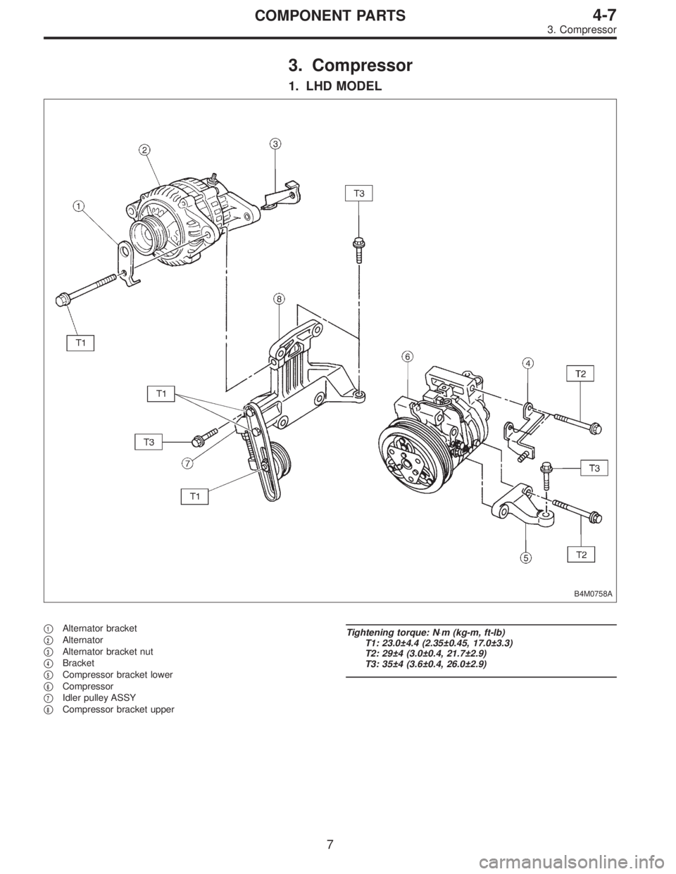 SUBARU LEGACY 1996  Service Repair Manual 3. Compressor
1. LHD MODEL
B4M0758A
1Alternator bracket

2Alternator

3Alternator bracket nut

4Bracket

5Compressor bracket lower

6Compressor

7Idler pulley ASSY

8Compressor bracket upper
T