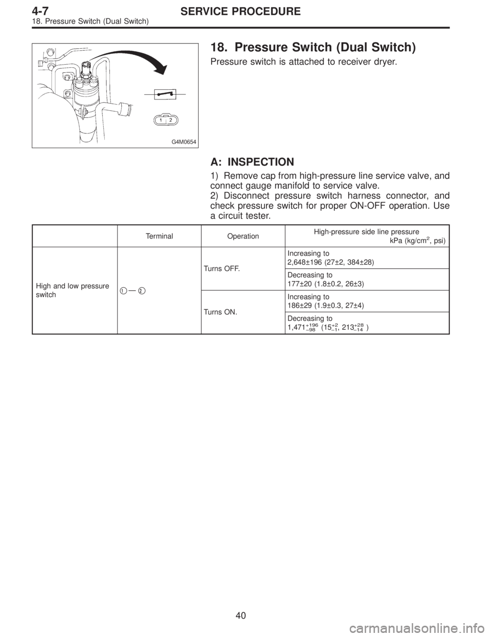 SUBARU LEGACY 1996  Service Repair Manual G4M0654
18. Pressure Switch (Dual Switch)
Pressure switch is attached to receiver dryer.
A: INSPECTION
1) Remove cap from high-pressure line service valve, and
connect gauge manifold to service valve.