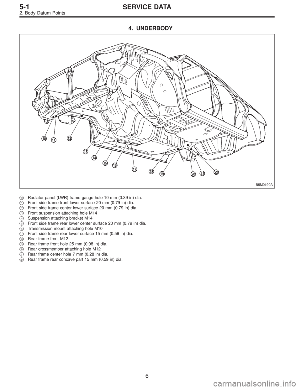 SUBARU LEGACY 1996  Service Repair Manual 4. UNDERBODY
B5M0190A
10Radiator panel (LWR) frame gauge hole 10 mm (0.39 in) dia.

11Front side frame front lower surface 20 mm (0.79 in) dia.

12Front side frame center lower surface 20 mm (0.79 