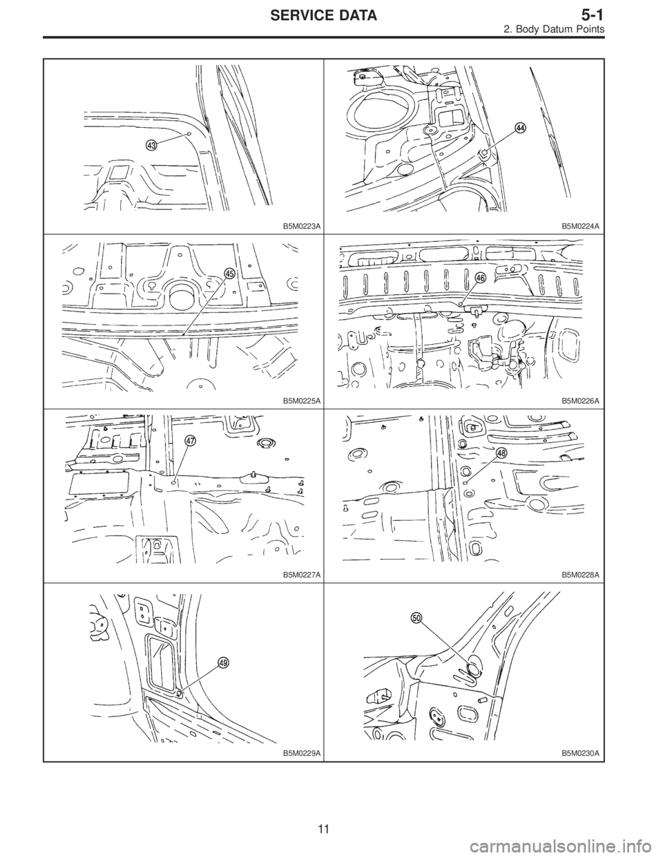 SUBARU LEGACY 1996  Service Repair Manual B5M0223AB5M0224A
B5M0225AB5M0226A
B5M0227AB5M0228A
B5M0229AB5M0230A
11
5-1SERVICE DATA
2. Body Datum Points  