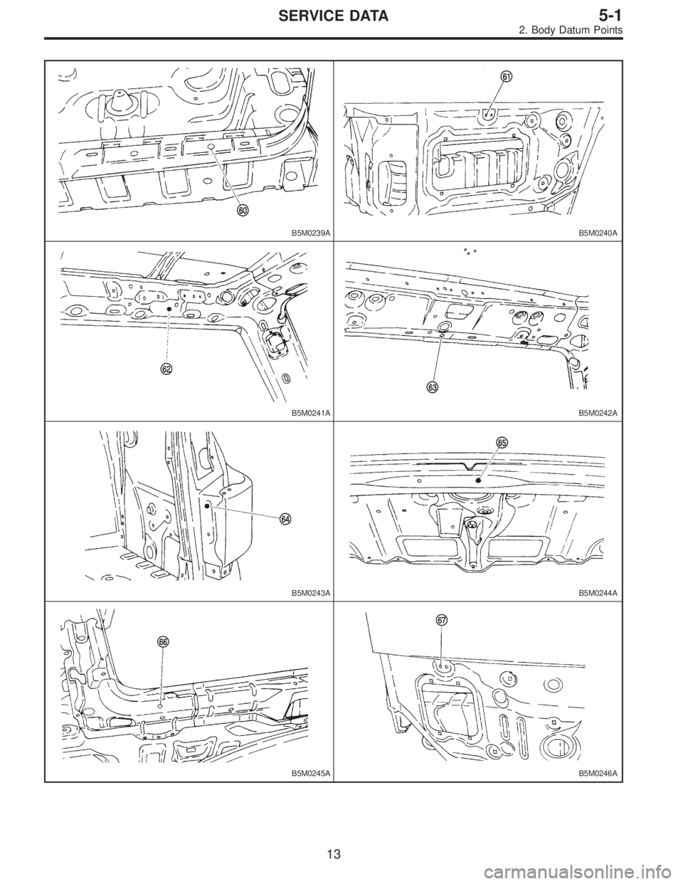 SUBARU LEGACY 1996  Service Repair Manual B5M0239AB5M0240A
B5M0241AB5M0242A
B5M0243AB5M0244A
B5M0245AB5M0246A
13
5-1SERVICE DATA
2. Body Datum Points  