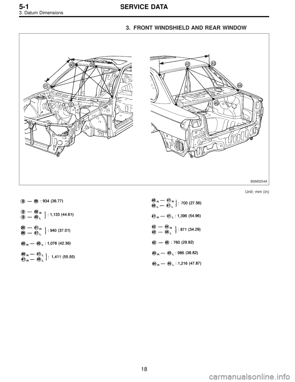 SUBARU LEGACY 1996  Service Repair Manual 3. FRONT WINDSHIELD AND REAR WINDOW
B5M0254A
Unit: mm (in)
18
5-1SERVICE DATA
3. Datum Dimensions  