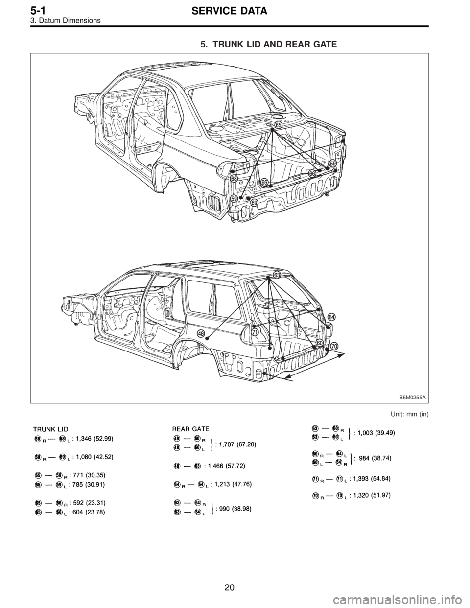 SUBARU LEGACY 1996  Service Repair Manual 5. TRUNK LID AND REAR GATE
B5M0255A
Unit: mm (in)
20
5-1SERVICE DATA
3. Datum Dimensions  