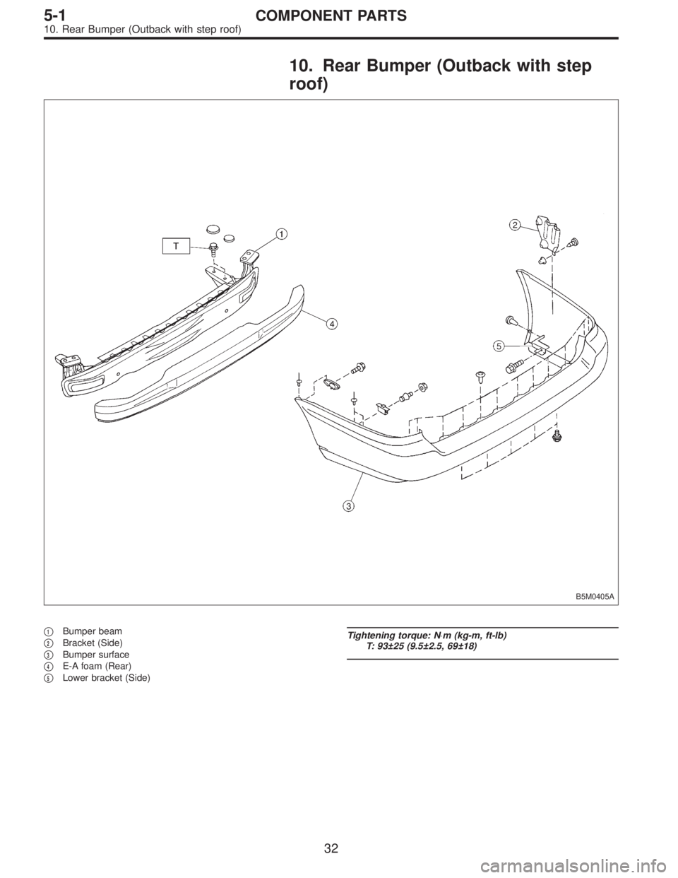 SUBARU LEGACY 1996  Service Repair Manual 10. Rear Bumper (Outback with step
roof)
B5M0405A
1Bumper beam

2Bracket (Side)

3Bumper surface

4E-A foam (Rear)

5Lower bracket (Side)
Tightening torque: N⋅m (kg-m, ft-lb)
T: 93±25 (9.5±2.