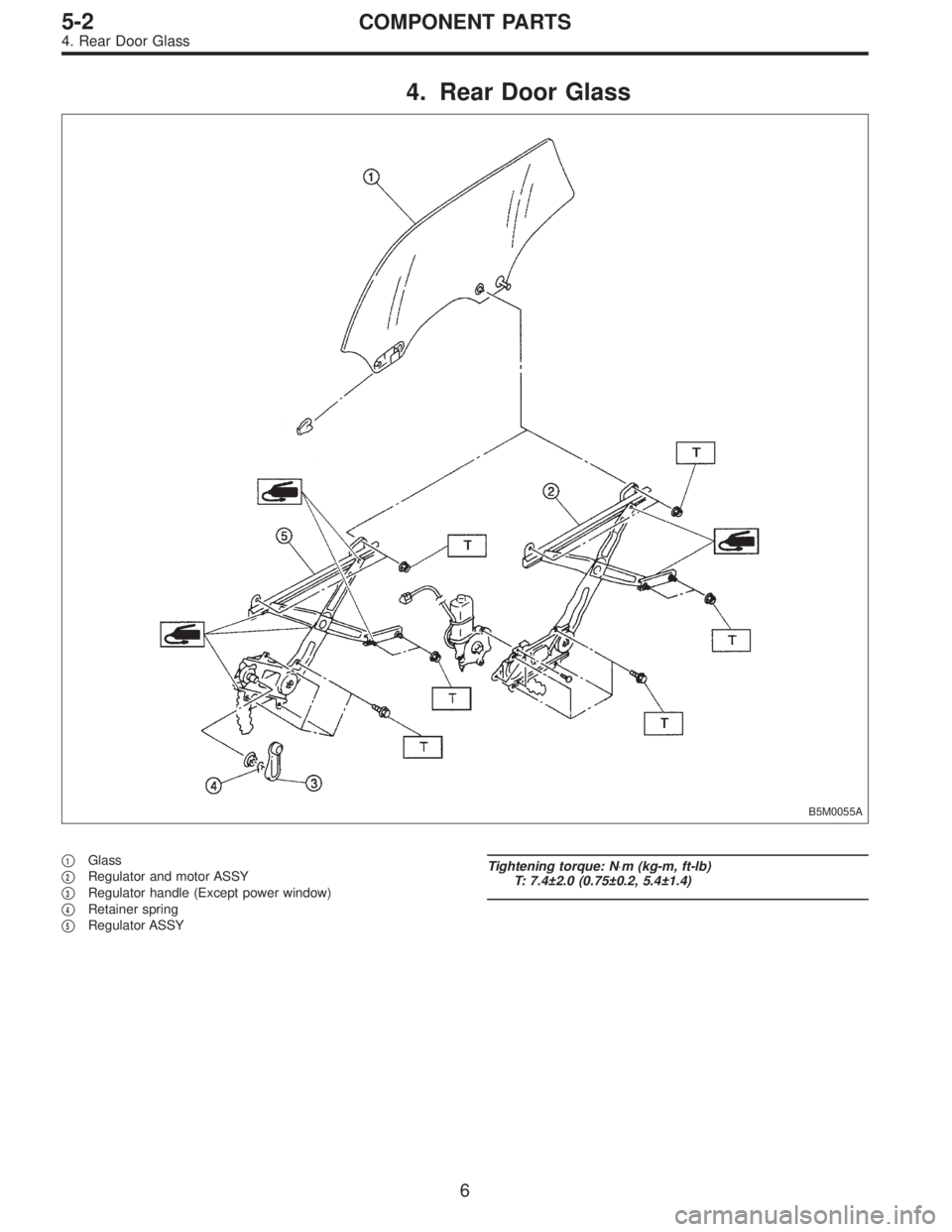SUBARU LEGACY 1996  Service Repair Manual 4. Rear Door Glass
B5M0055A
1Glass

2Regulator and motor ASSY

3Regulator handle (Except power window)

4Retainer spring

5Regulator ASSY
Tightening torque: N⋅m (kg-m, ft-lb)
T: 7.4±2.0 (0.75