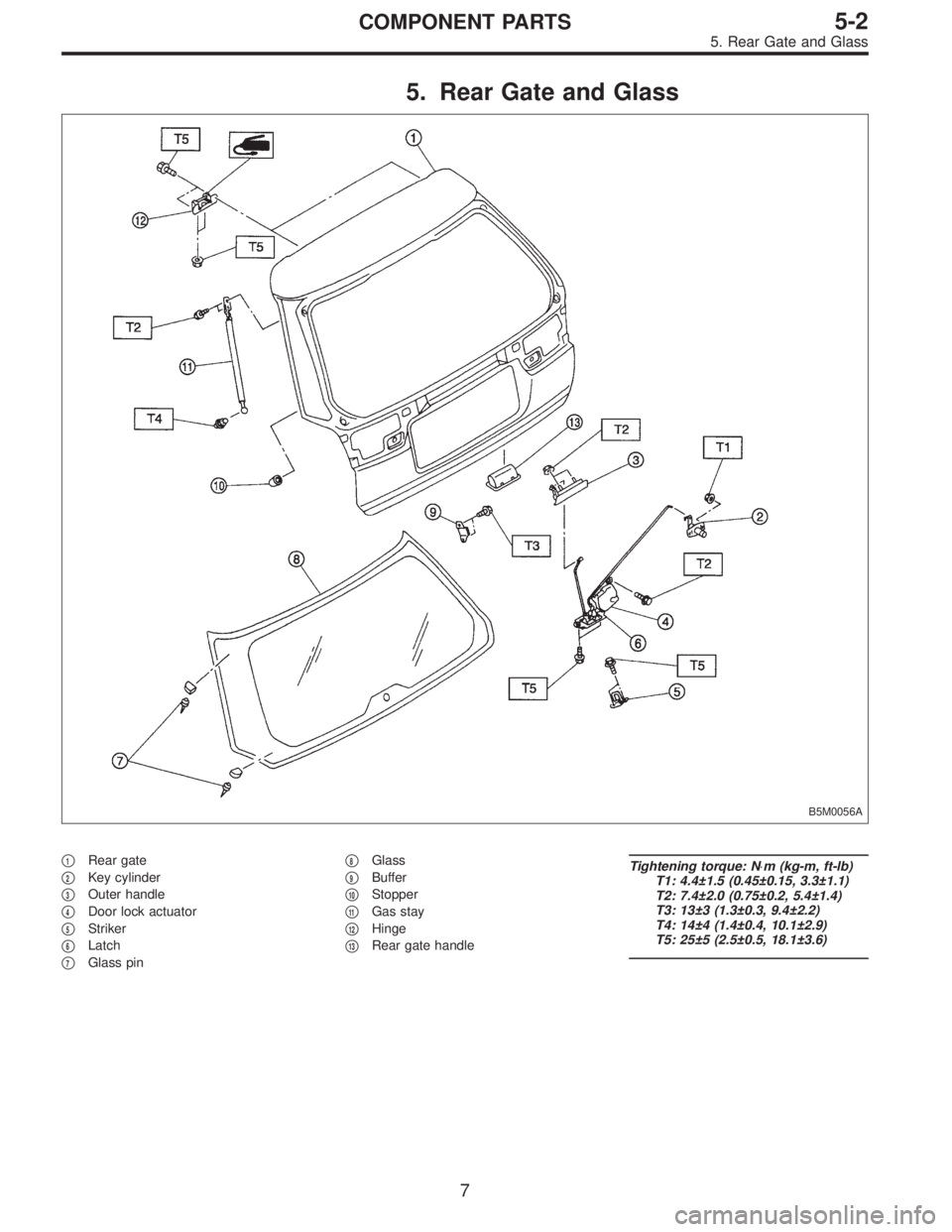 SUBARU LEGACY 1996  Service Repair Manual 5. Rear Gate and Glass
B5M0056A
1Rear gate

2Key cylinder

3Outer handle

4Door lock actuator

5Striker

6Latch

7Glass pin
8Glass

9Buffer

10Stopper

11Gas stay

12Hinge

13Rear gate ha