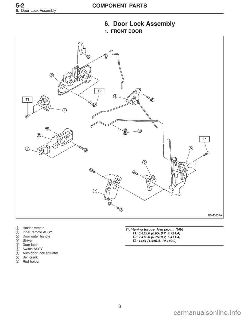 SUBARU LEGACY 1996  Service Repair Manual 6. Door Lock Assembly
1. FRONT DOOR
B5M0057A
1Holder remote

2Inner remote ASSY

3Door outer handle

4Striker

5Door latch

6Switch ASSY

7Auto-door lock actuator

8Bell crank

9Rod holder
Ti