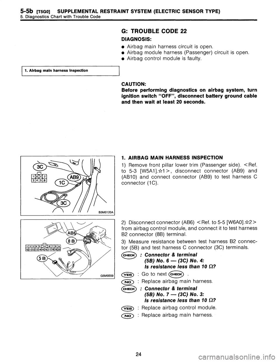 SUBARU LEGACY 1996 Service Repair Manual
5-5b
[75G03
SUPPLEMENTAL
RESTRAINT
SYSTEM
(ELECTRIC
SENSOR
TYPE)
5
.
Diagnostics
Chart
with
Trouble
Code
1
.
Airbag
main
harness
inspection
m
3C
345
b
AB9
1C
`r
3C
B5M0120A
G
:
TROUBLE
CODE
SUBARU LEGACY 1996 Service Repair Manual
5-5b
[75G03
SUPPLEMENTAL
RESTRAINT
SYSTEM
(ELECTRIC
SENSOR
TYPE)
5
.
Diagnostics
Chart
with
Trouble
Code
1
.
Airbag
main
harness
inspection
m
3C
345
b
AB9
1C
`r
3C
B5M0120A
G
:
TROUBLE
CODE