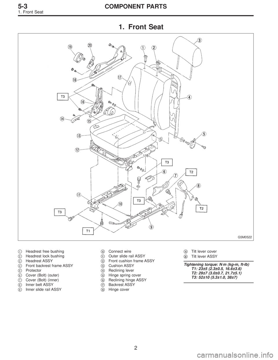 SUBARU LEGACY 1996  Service Repair Manual 1. Front Seat
G5M0522
1Headrest free bushing

2Headrest lock bushing

3Headrest ASSY

4Front backrest frame ASSY

5Protector

6Cover (Bolt) (outer)

7Cover (Bolt) (inner)

8Inner belt ASSY

9