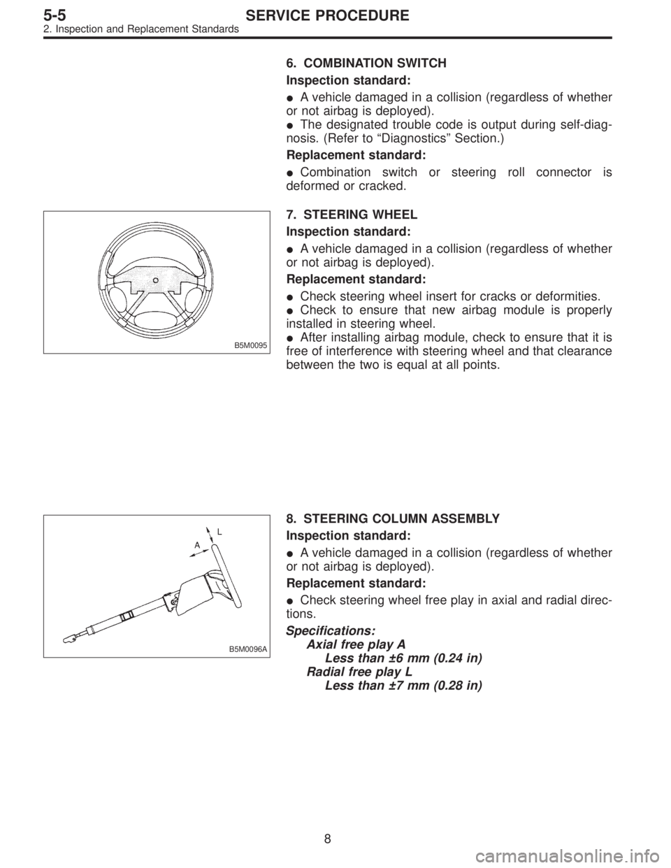 SUBARU LEGACY 1996 Service Repair Manual 6. COMBINATION SWITCH
Inspection standard:
A vehicle damaged in a collision (regardless of whether
or not airbag is deployed).
The designated trouble code is output during self-diag-
nosis. (Refer t SUBARU LEGACY 1996 Service Repair Manual 6. COMBINATION SWITCH
Inspection standard:
A vehicle damaged in a collision (regardless of whether
or not airbag is deployed).
The designated trouble code is output during self-diag-
nosis. (Refer t