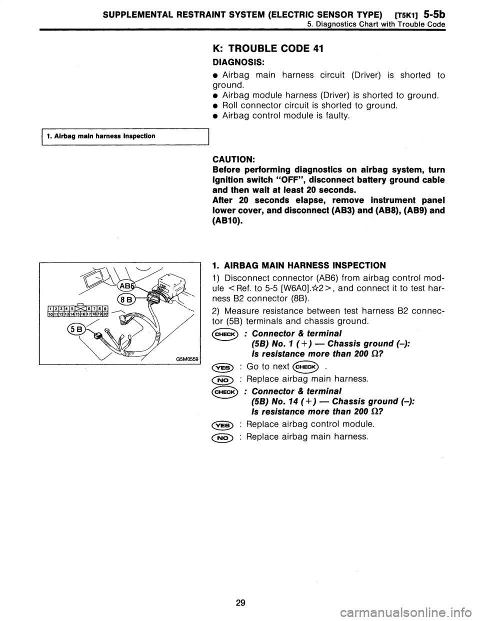 SUBARU LEGACY 1996  Service Repair Manual 
SUPPLEMENTAL
RESTRAINT
SYSTEM
(ELECTRIC
SENSOR
TYPE)
[T5K1]
5-Sb

5
.
Diagnostics
Chart
with
Trouble
Code

K
:
TROUBLE
CODE
41

DIAGNOSIS
:

Airbag
main
harness
circuit
(Driver)
is
shorted
to

ground
