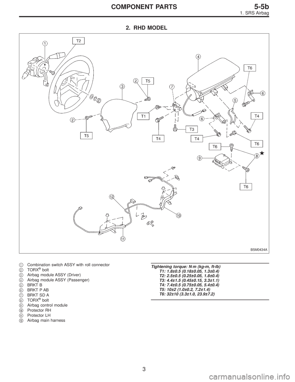 SUBARU LEGACY 1996  Service Repair Manual 2. RHD MODEL
B5M0434A
1Combination switch ASSY with roll connector

2TORX®bolt

3Airbag module ASSY (Driver)

4Airbag module ASSY (Passenger)

5BRKT B

6BRKT P AB

7BRKT SD A

8TORX®bolt

9