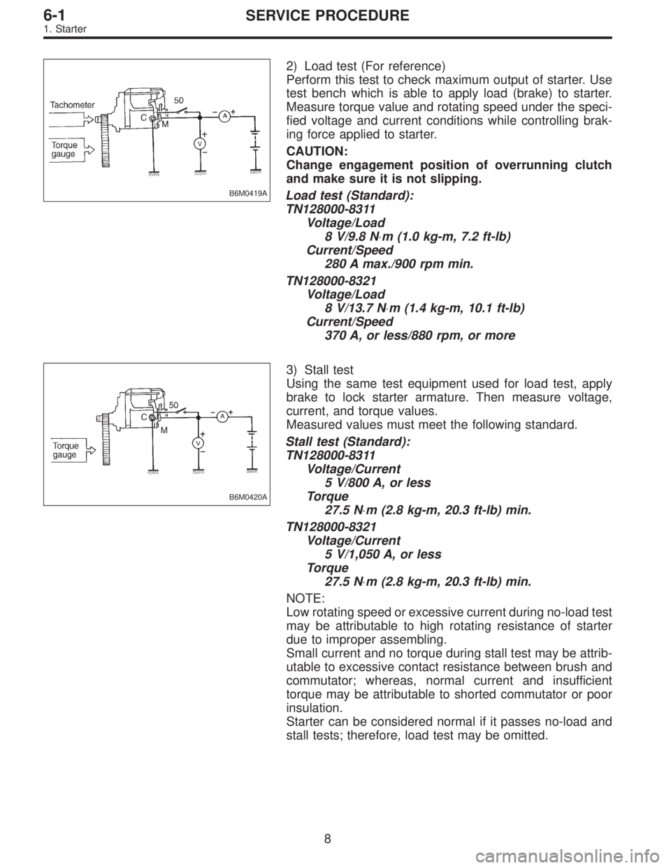 SUBARU LEGACY 1996 Service Repair Manual B6M0419A
2) Load test (For reference)
Perform this test to check maximum output of starter. Use
test bench which is able to apply load (brake) to starter.
Measure torque value and rotating speed under SUBARU LEGACY 1996 Service Repair Manual B6M0419A
2) Load test (For reference)
Perform this test to check maximum output of starter. Use
test bench which is able to apply load (brake) to starter.
Measure torque value and rotating speed under