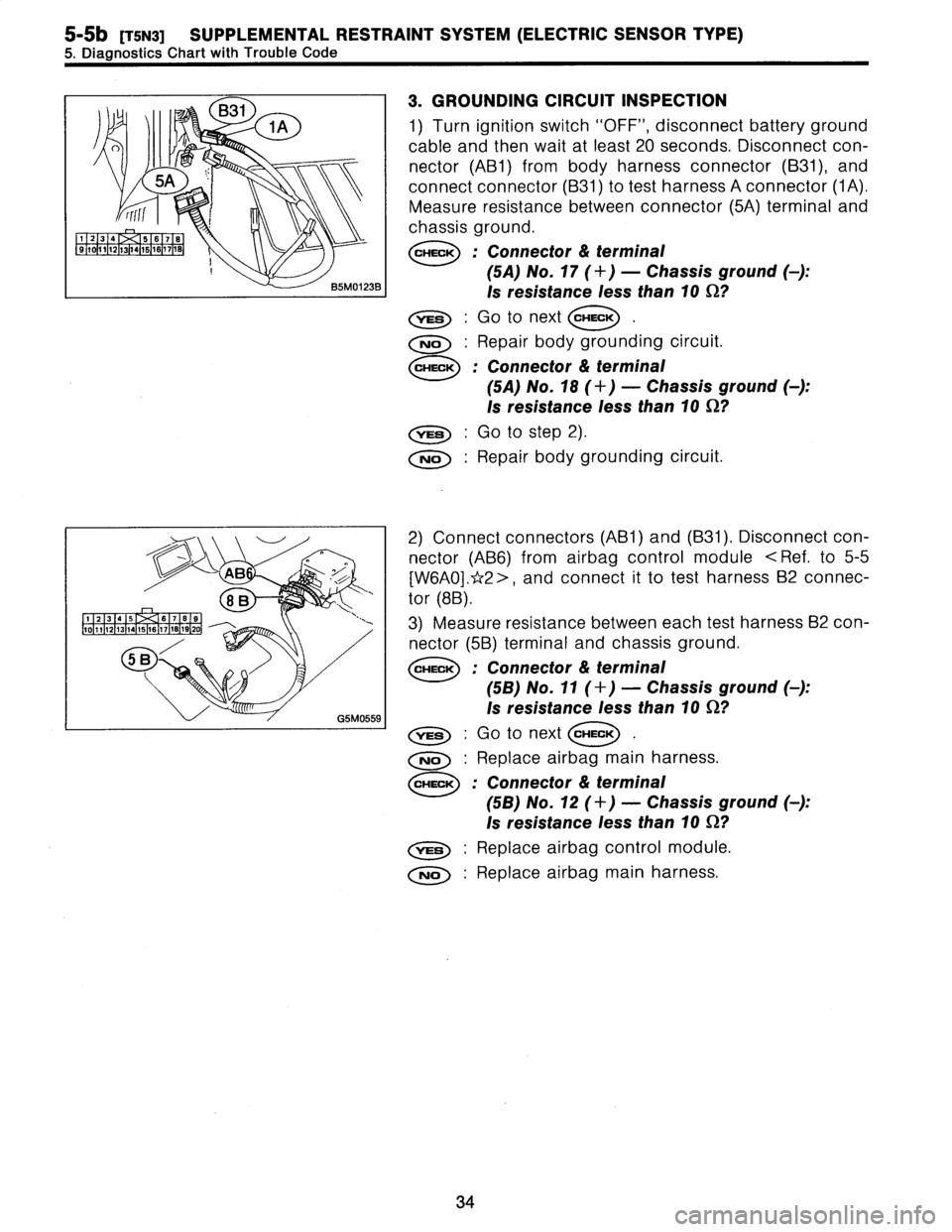 SUBARU LEGACY 1996  Service Repair Manual 
5-5b
[T5N3]
SUPPLEMENTAL
RESTRAINT
SYSTEM
(ELECTRIC
SENSOR
TYPE)

5
.
Diagnostics
Ch
art
with
Trouble
Code

B31

1A

-
;
1F°9
--------

5A
.

~fffl

1
1
1
2
1
3
1
45
6
78
\
9
1017
12
131415161718
e