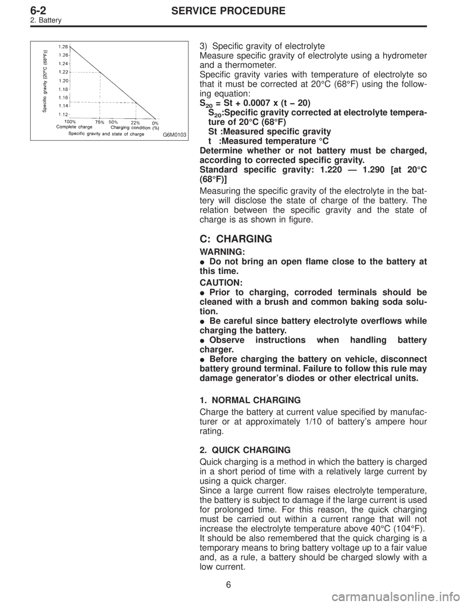 SUBARU LEGACY 1996 Service Repair Manual G6M0103
3) Specific gravity of electrolyte
Measure specific gravity of electrolyte using a hydrometer
and a thermometer.
Specific gravity varies with temperature of electrolyte so
that it must be corr SUBARU LEGACY 1996 Service Repair Manual G6M0103
3) Specific gravity of electrolyte
Measure specific gravity of electrolyte using a hydrometer
and a thermometer.
Specific gravity varies with temperature of electrolyte so
that it must be corr