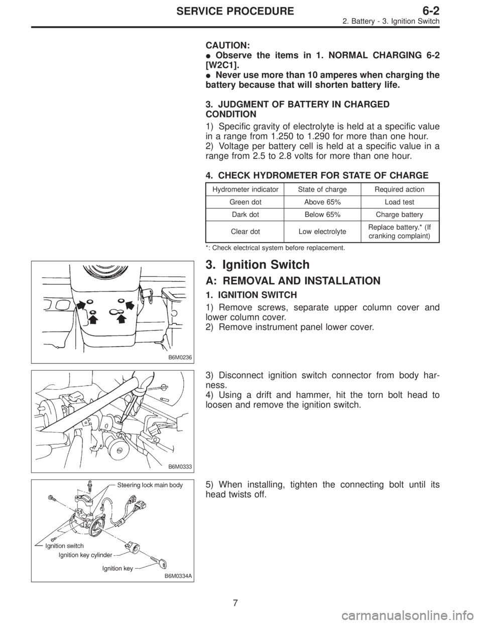 SUBARU LEGACY 1996  Service Repair Manual CAUTION:
Observe the items in 1. NORMAL CHARGING 6-2
[W2C1].
Never use more than 10 amperes when charging the
battery because that will shorten battery life.
3. JUDGMENT OF BATTERY IN CHARGED
CONDIT