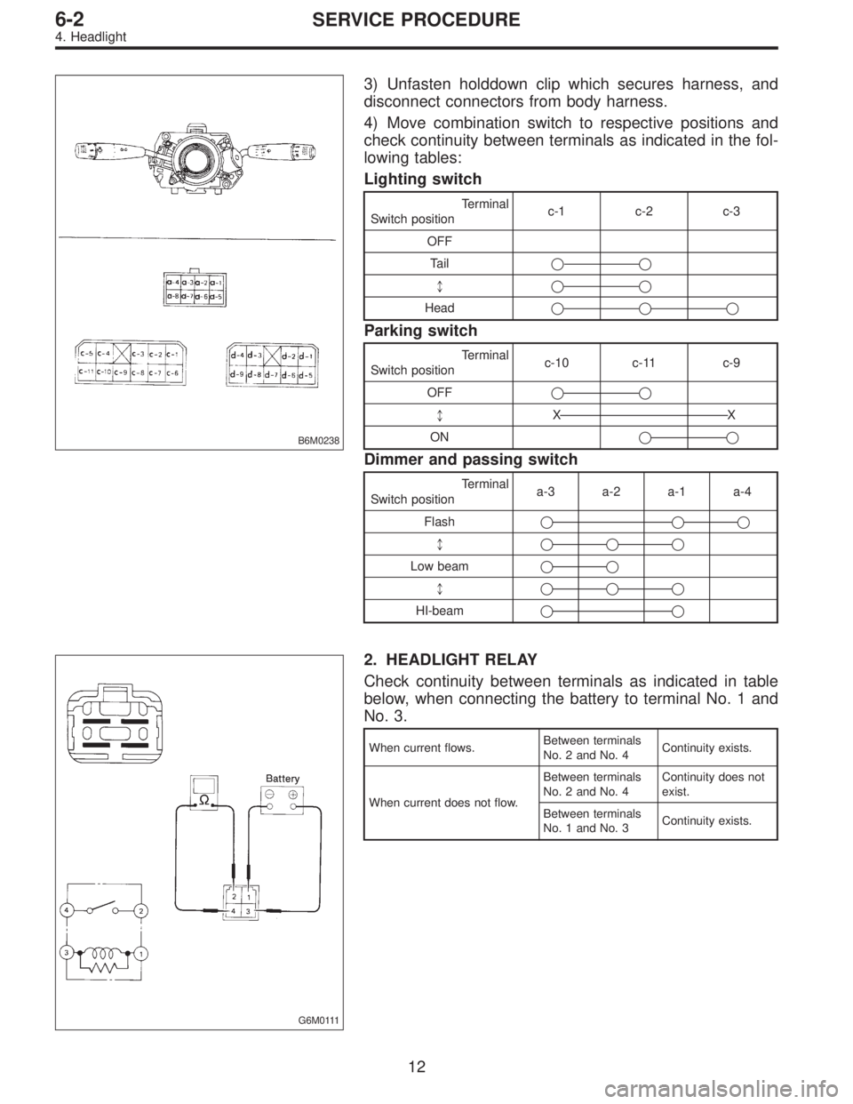 SUBARU LEGACY 1996  Service Repair Manual B6M0238
3) Unfasten holddown clip which secures harness, and
disconnect connectors from body harness.
4) Move combination switch to respective positions and
check continuity between terminals as indic