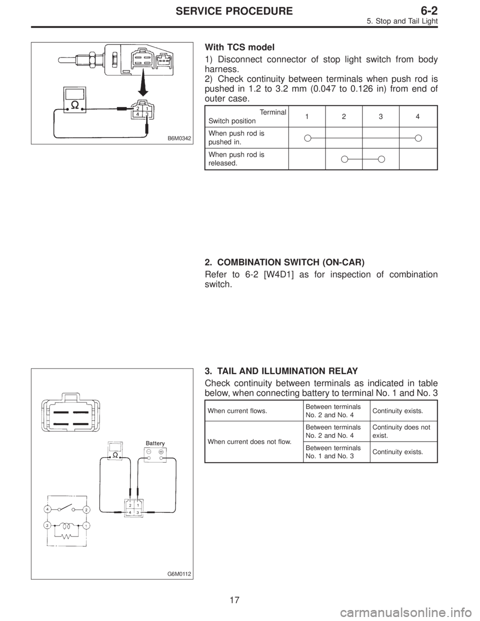 SUBARU LEGACY 1996  Service Repair Manual B6M0342
With TCS model
1) Disconnect connector of stop light switch from body
harness.
2) Check continuity between terminals when push rod is
pushed in 1.2 to 3.2 mm (0.047 to 0.126 in) from end of
ou
