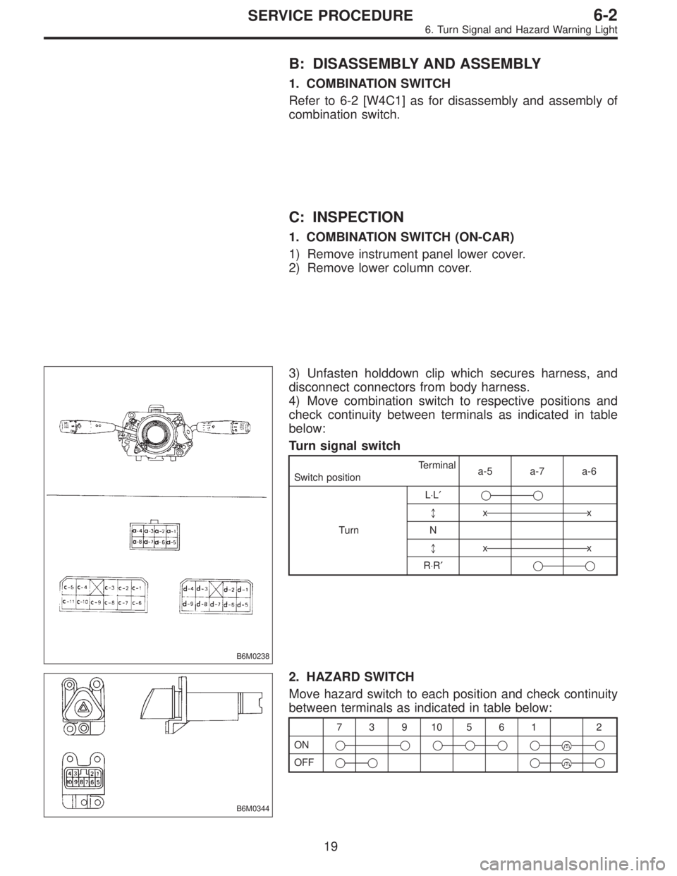 SUBARU LEGACY 1996  Service Repair Manual B: DISASSEMBLY AND ASSEMBLY
1. COMBINATION SWITCH
Refer to 6-2 [W4C1] as for disassembly and assembly of
combination switch.
C: INSPECTION
1. COMBINATION SWITCH (ON-CAR)
1) Remove instrument panel low