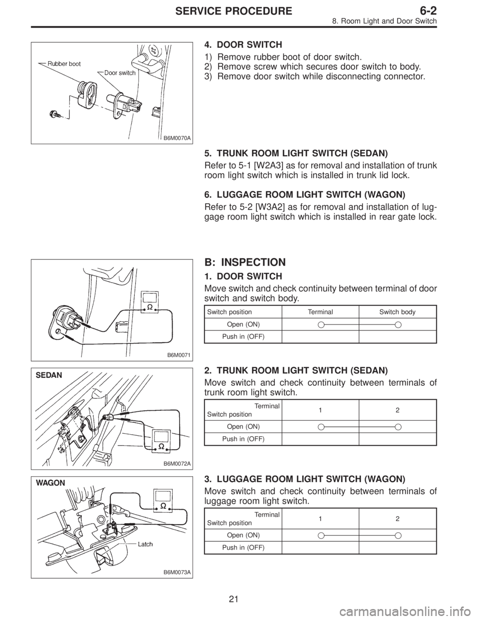 SUBARU LEGACY 1996 Service Repair Manual B6M0070A
4. DOOR SWITCH
1) Remove rubber boot of door switch.
2) Remove screw which secures door switch to body.
3) Remove door switch while disconnecting connector.
5. TRUNK ROOM LIGHT SWITCH (SEDAN) SUBARU LEGACY 1996 Service Repair Manual B6M0070A
4. DOOR SWITCH
1) Remove rubber boot of door switch.
2) Remove screw which secures door switch to body.
3) Remove door switch while disconnecting connector.
5. TRUNK ROOM LIGHT SWITCH (SEDAN)