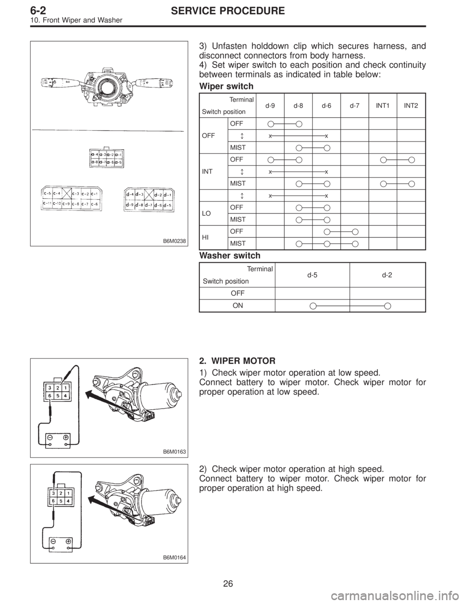 SUBARU LEGACY 1996  Service Repair Manual B6M0238
3) Unfasten holddown clip which secures harness, and
disconnect connectors from body harness.
4) Set wiper switch to each position and check continuity
between terminals as indicated in table 
