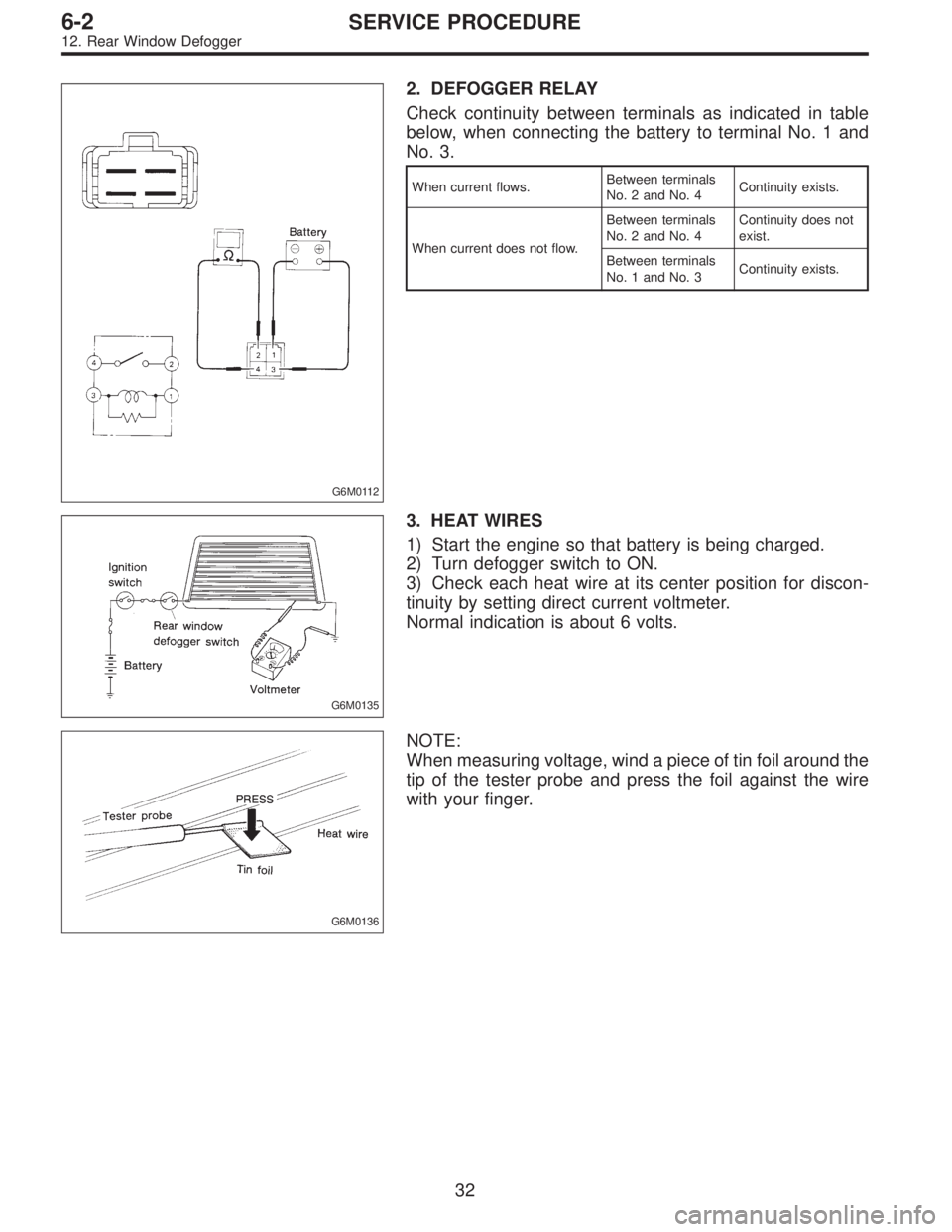 SUBARU LEGACY 1996  Service Repair Manual G6M0112
2. DEFOGGER RELAY
Check continuity between terminals as indicated in table
below, when connecting the battery to terminal No. 1 and
No. 3.
When current flows.Between terminals
No. 2 and No. 4C
