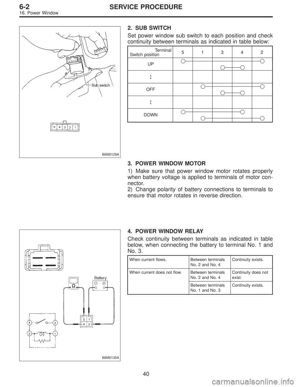 SUBARU LEGACY 1996  Service Repair Manual B6M0129A
2. SUB SWITCH
Set power window sub switch to each position and check
continuity between terminals as indicated in table below:
Terminal
Switch position51342
UP

*
OFF

*
DOWN

3. 