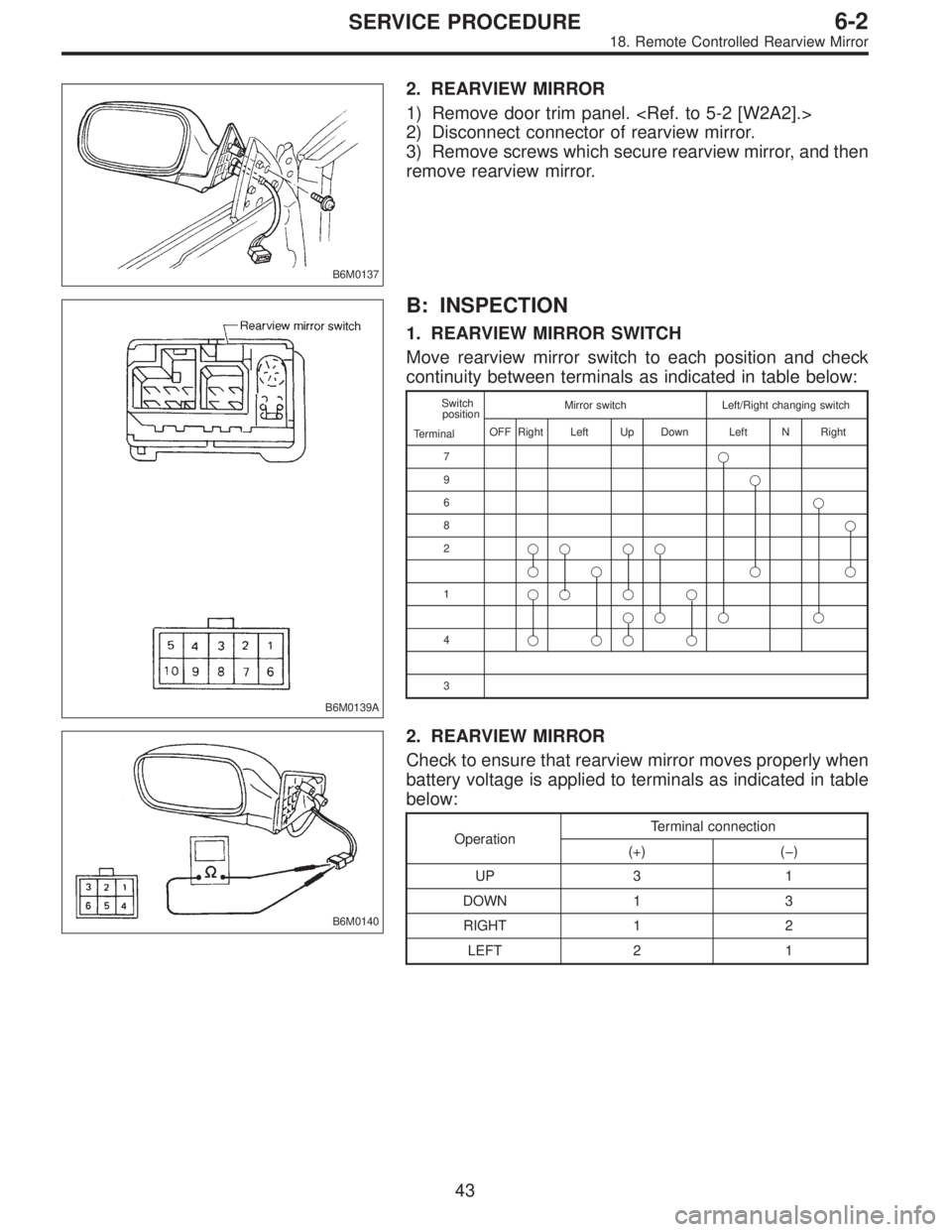 SUBARU LEGACY 1996  Service Repair Manual B6M0137
2. REARVIEW MIRROR
1) Remove door trim panel. <Ref. to 5-2 [W2A2].>
2) Disconnect connector of rearview mirror.
3) Remove screws which secure rearview mirror, and then
remove rearview mirror.

