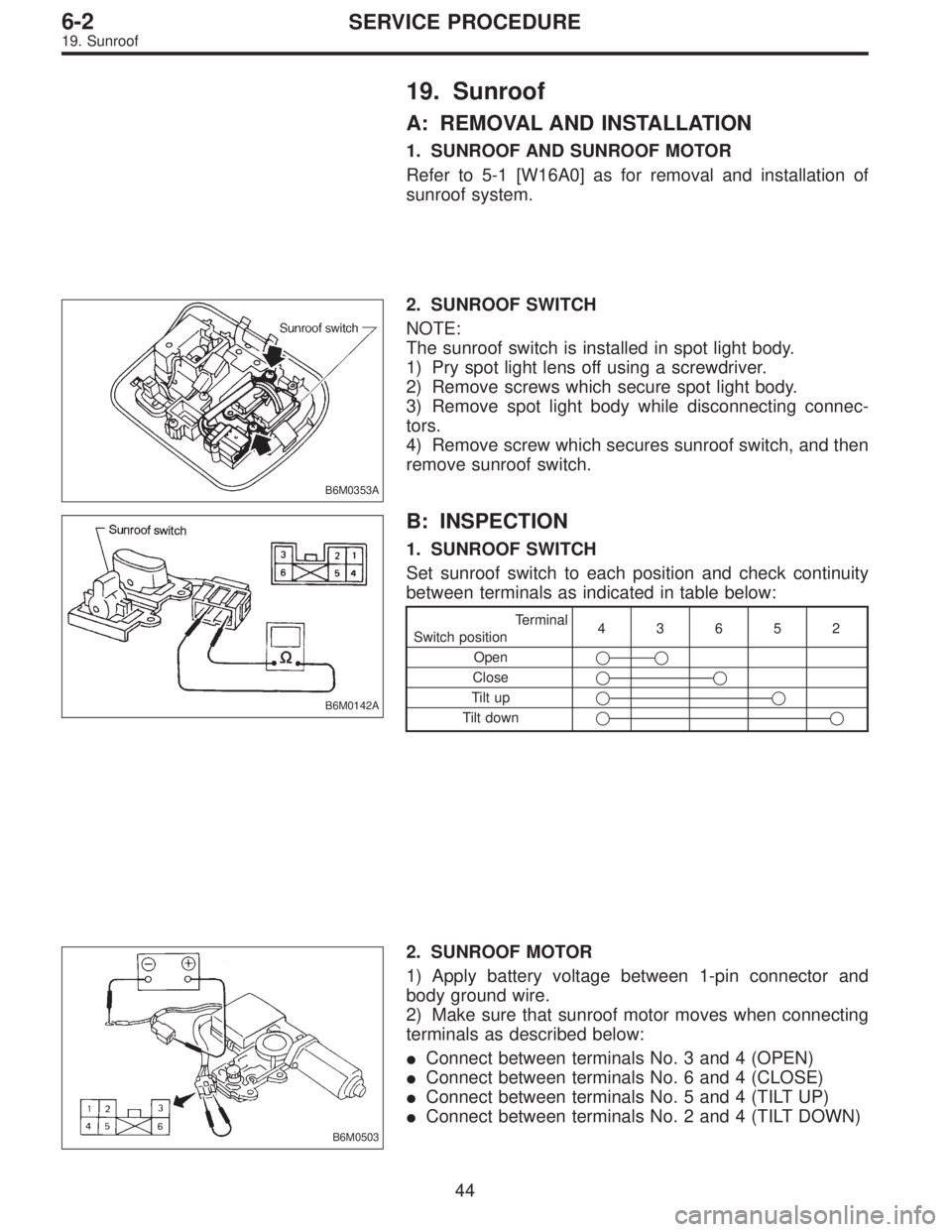 SUBARU LEGACY 1996  Service Repair Manual 19. Sunroof
A: REMOVAL AND INSTALLATION
1. SUNROOF AND SUNROOF MOTOR
Refer to 5-1 [W16A0] as for removal and installation of
sunroof system.
B6M0353A
2. SUNROOF SWITCH
NOTE:
The sunroof switch is inst