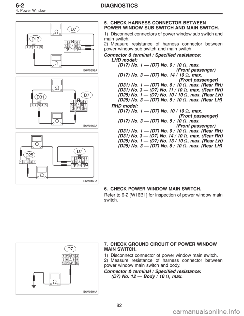 SUBARU LEGACY 1996 Service Repair Manual B6M0399A
B6M0467A
B6M0468A
5. CHECK HARNESS CONNECTOR BETWEEN
POWER WINDOW SUB SWITCH AND MAIN SWITCH.
1) Disconnect connectors of power window sub switch and
main switch.
2) Measure resistance of har SUBARU LEGACY 1996 Service Repair Manual B6M0399A
B6M0467A
B6M0468A
5. CHECK HARNESS CONNECTOR BETWEEN
POWER WINDOW SUB SWITCH AND MAIN SWITCH.
1) Disconnect connectors of power window sub switch and
main switch.
2) Measure resistance of har