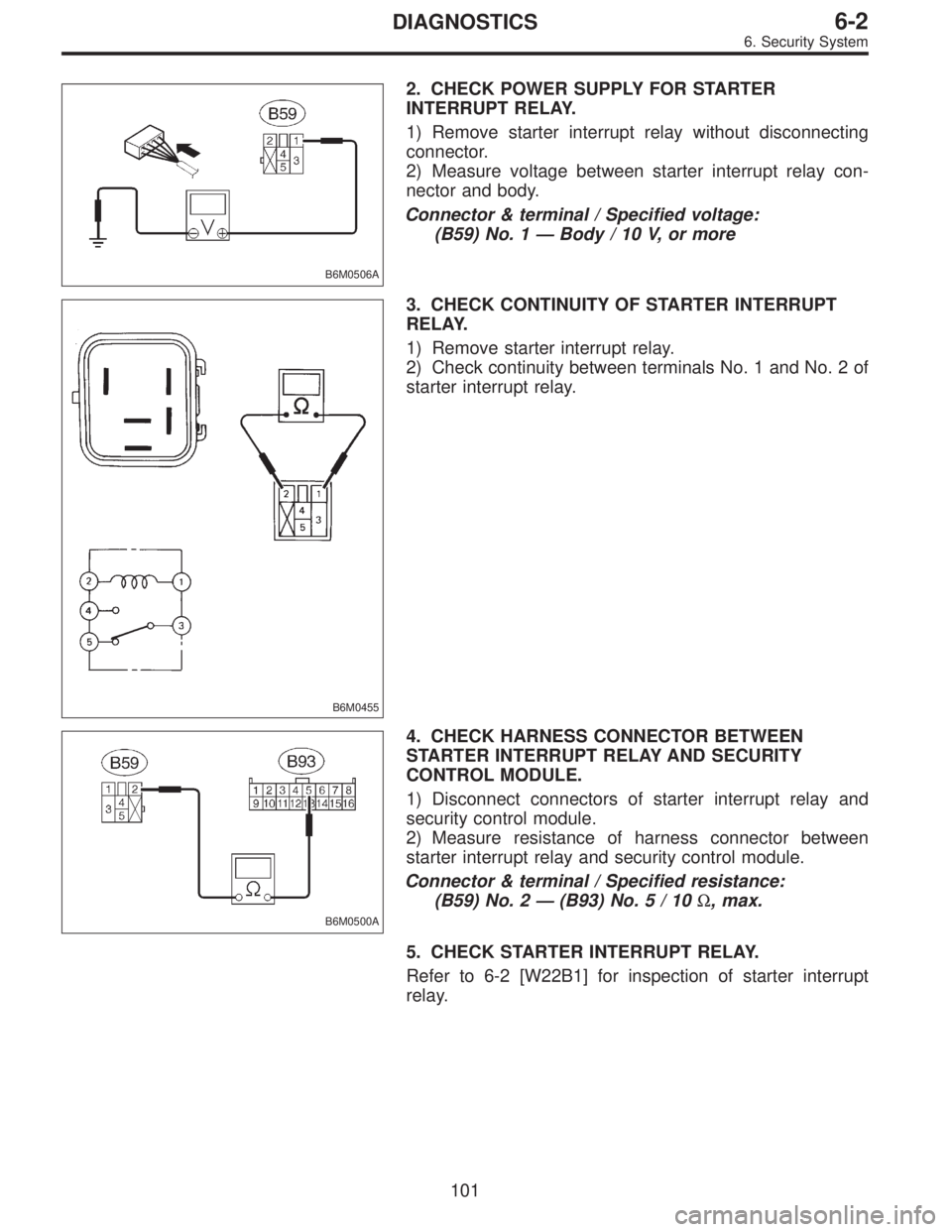SUBARU LEGACY 1996  Service Repair Manual B6M0506A
2. CHECK POWER SUPPLY FOR STARTER
INTERRUPT RELAY.
1) Remove starter interrupt relay without disconnecting
connector.
2) Measure voltage between starter interrupt relay con-
nector and body.
