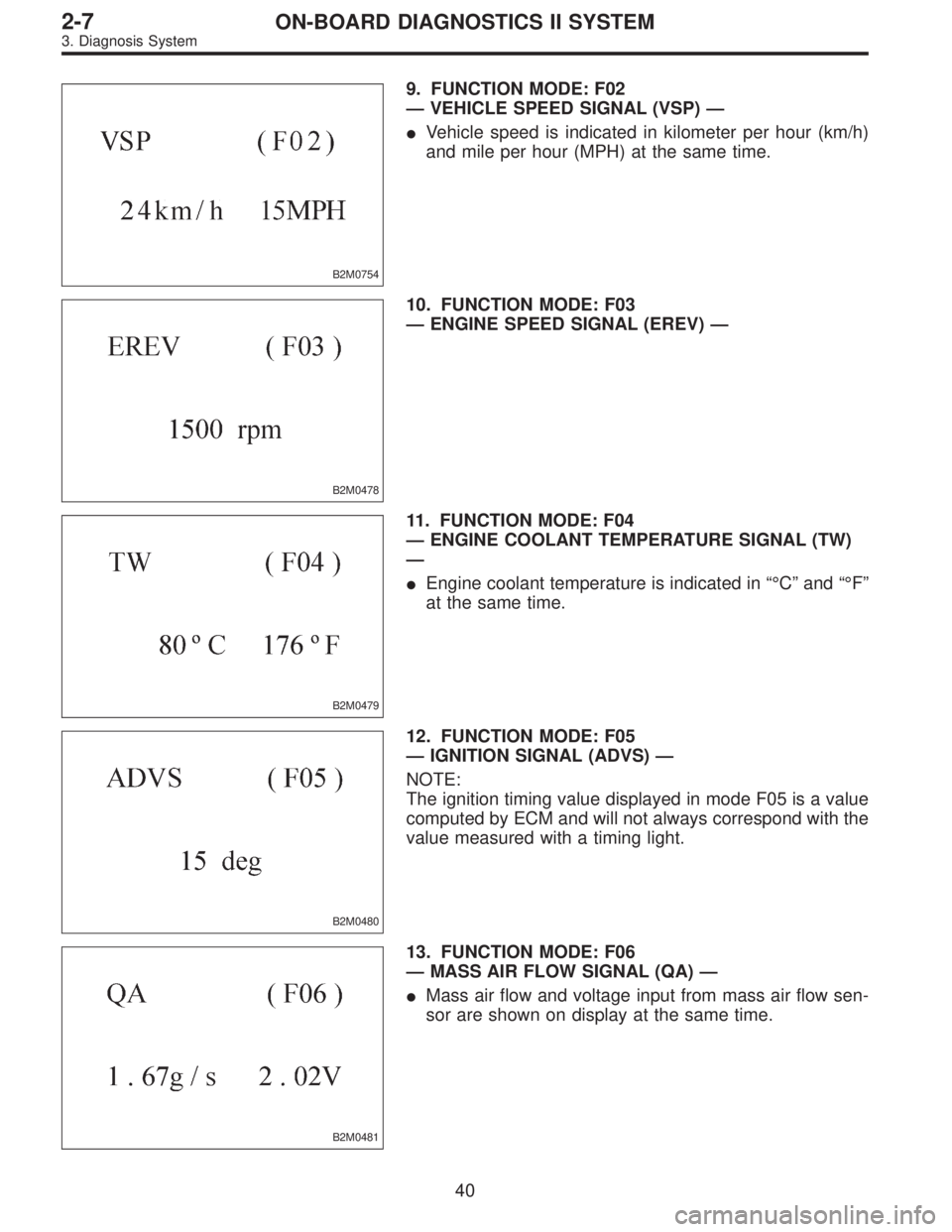 SUBARU LEGACY 1996  Service Repair Manual B2M0754
9. FUNCTION MODE: F02
—VEHICLE SPEED SIGNAL (VSP)—
Vehicle speed is indicated in kilometer per hour (km/h)
and mile per hour (MPH) at the same time.
B2M0478
10. FUNCTION MODE: F03
—ENGI