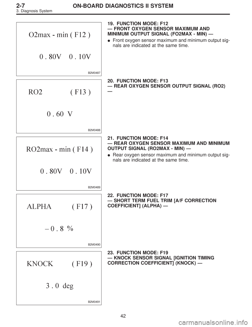 SUBARU LEGACY 1996  Service Repair Manual B2M0487
19. FUNCTION MODE: F12
—FRONT OXYGEN SENSOR MAXIMUM AND
MINIMUM OUTPUT SIGNAL (FO2MAX - MIN)—
Front oxygen sensor maximum and minimum output sig-
nals are indicated at the same time.
B2M0