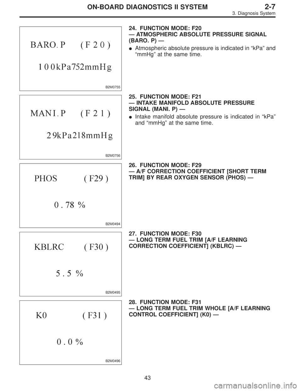 SUBARU LEGACY 1996  Service Repair Manual B2M0755
24. FUNCTION MODE: F20
—ATMOSPHERIC ABSOLUTE PRESSURE SIGNAL
(BARO. P)—
Atmospheric absolute pressure is indicated in“kPa”and
“mmHg”at the same time.
B2M0756
25. FUNCTION MODE: F2