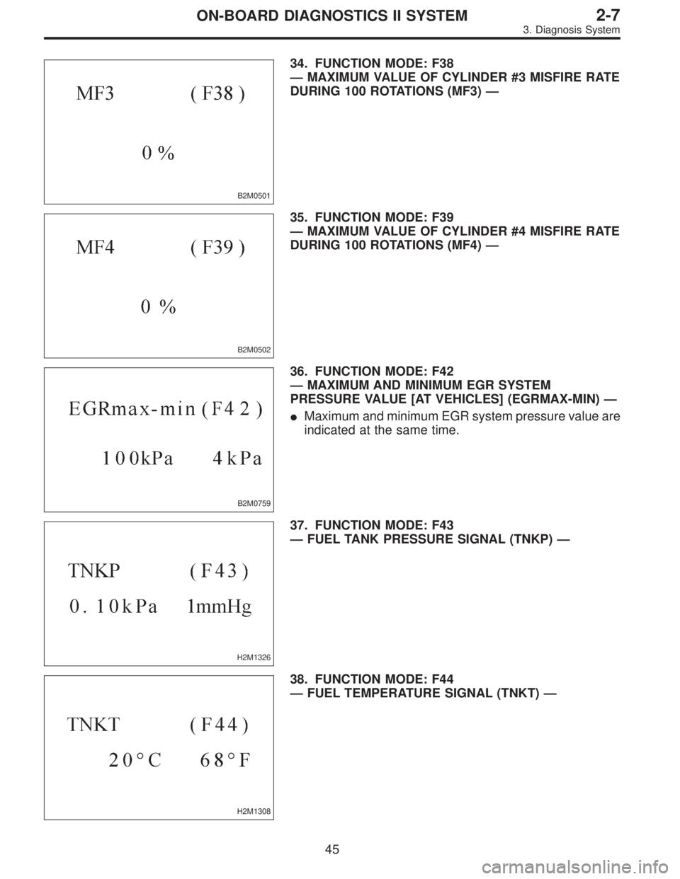 SUBARU LEGACY 1996  Service Repair Manual B2M0501
34. FUNCTION MODE: F38
—MAXIMUM VALUE OF CYLINDER #3 MISFIRE RATE
DURING 100 ROTATIONS (MF3)—
B2M0502
35. FUNCTION MODE: F39
—MAXIMUM VALUE OF CYLINDER #4 MISFIRE RATE
DURING 100 ROTATIO
