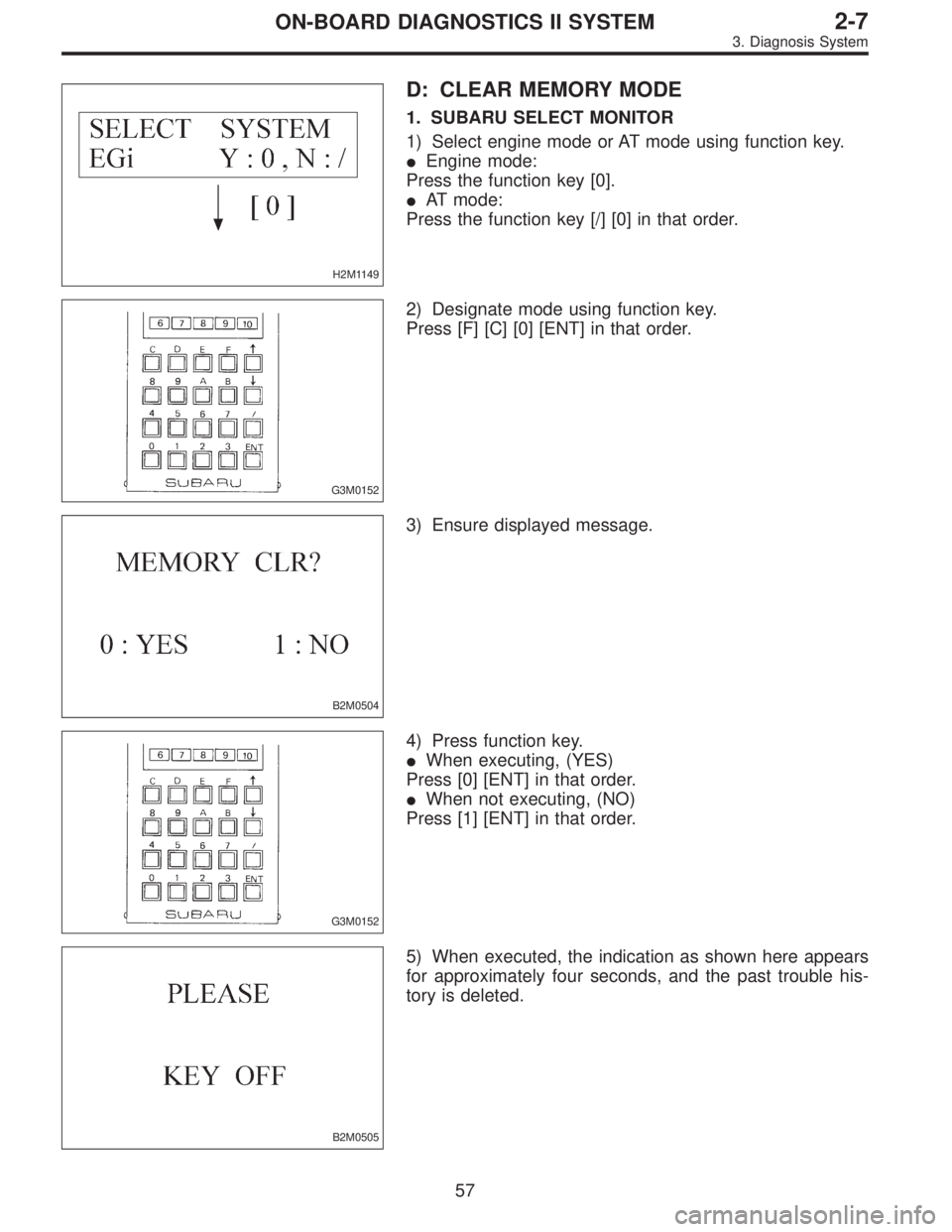 SUBARU LEGACY 1996  Service Repair Manual H2M1149
D: CLEAR MEMORY MODE
1. SUBARU SELECT MONITOR
1) Select engine mode or AT mode using function key.
Engine mode:
Press the function key [0].
AT mode:
Press the function key [/] [0] in that or