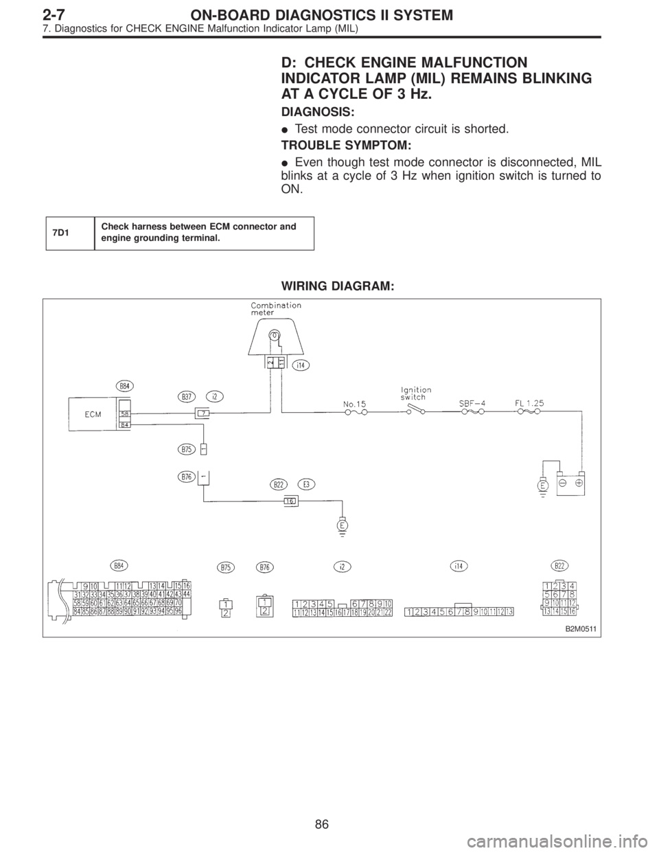 SUBARU LEGACY 1996  Service Repair Manual D: CHECK ENGINE MALFUNCTION
INDICATOR LAMP (MIL) REMAINS BLINKING
AT A CYCLE OF 3 Hz.
DIAGNOSIS:
Test mode connector circuit is shorted.
TROUBLE SYMPTOM:
Even though test mode connector is disconnec