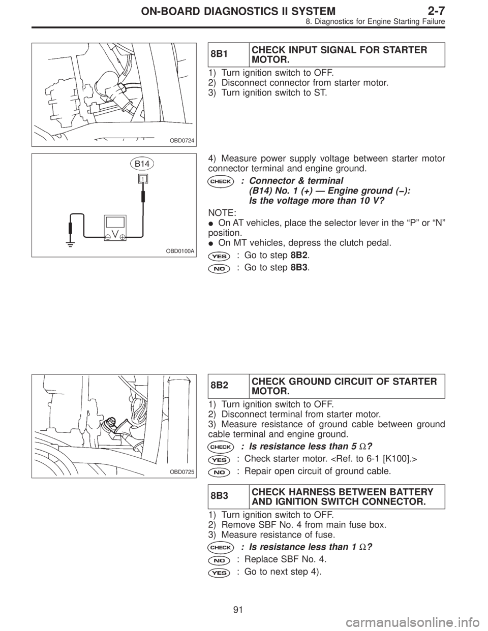 SUBARU LEGACY 1996 Service Repair Manual OBD0724
8B1CHECK INPUT SIGNAL FOR STARTER
MOTOR.
1) Turn ignition switch to OFF.
2) Disconnect connector from starter motor.
3) Turn ignition switch to ST.
OBD0100A
4) Measure power supply voltage bet SUBARU LEGACY 1996 Service Repair Manual OBD0724
8B1CHECK INPUT SIGNAL FOR STARTER
MOTOR.
1) Turn ignition switch to OFF.
2) Disconnect connector from starter motor.
3) Turn ignition switch to ST.
OBD0100A
4) Measure power supply voltage bet